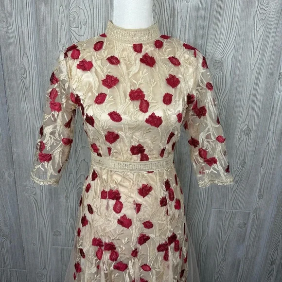 boutique floral embroidered midi dress M vintage look victorian fit & flare NWOT - Picture 5 of 12